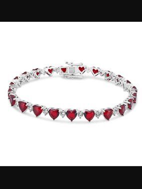 Sterling Silver 925 Rhodium Plated Heart Red CZ 6mm Tennis Bracelet 7 inches